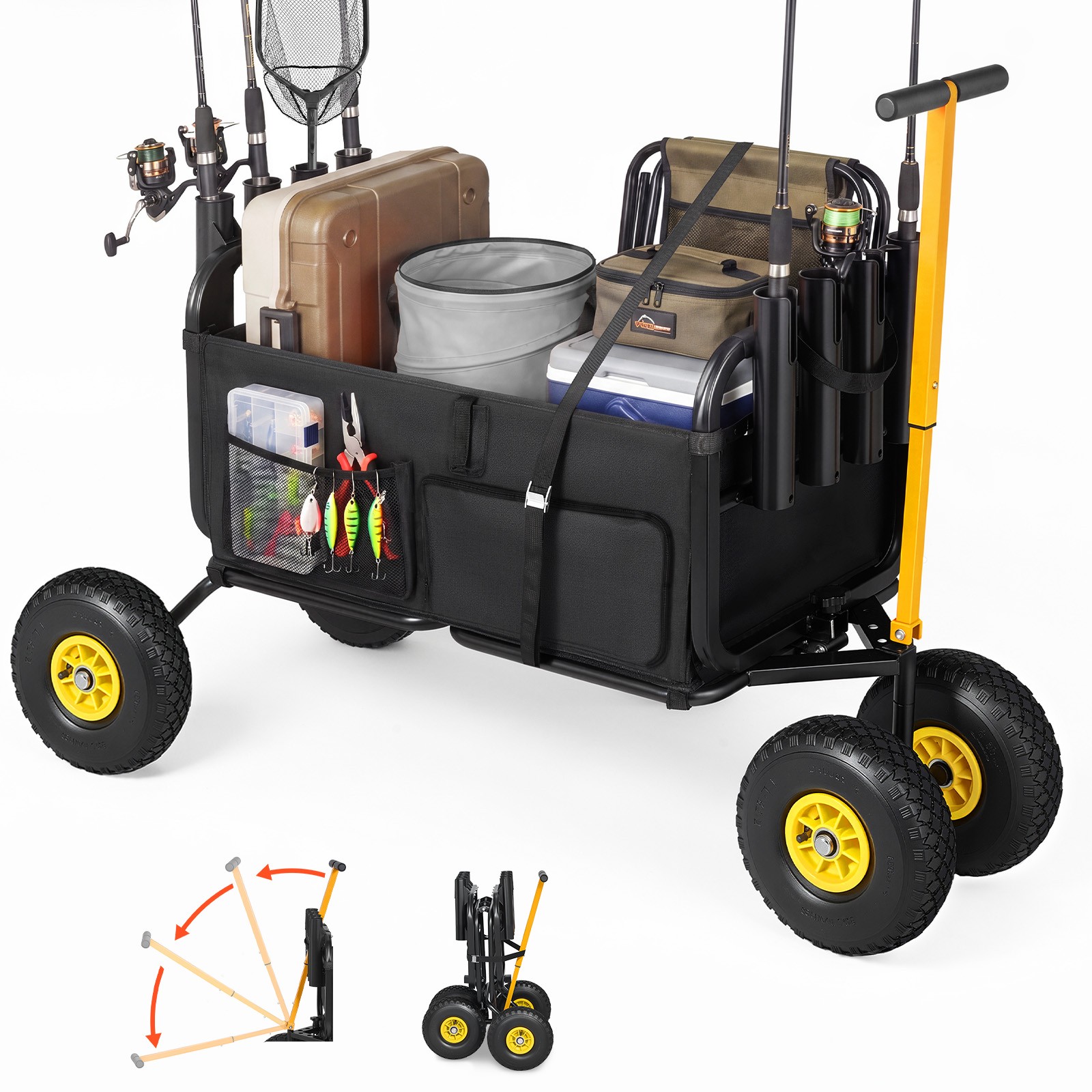Fishing Rod Holder - Uimoso 折りたたみ式ビーチフィッシングカート、耐荷重300ポンド、炭素鋼、11インチホイール